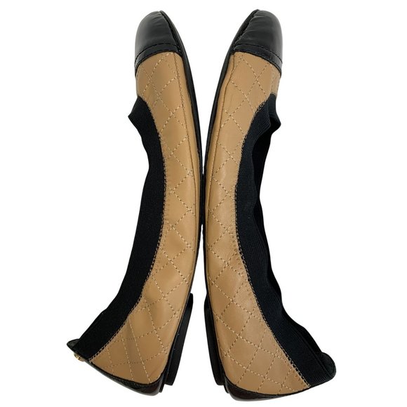 9.5 Tory Burch Quilt Scrunch Bridgette Leather Ballet Flats Black Toe Cap - Picture 2 of 12